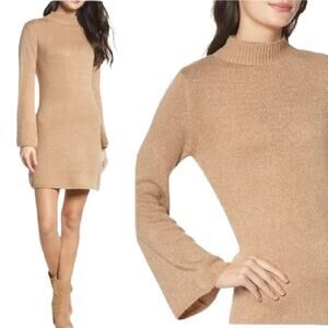 Bardot Tash Bell Sleeve Sweater Mini Dress Mock Neck in Camel Tan